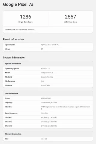 Google Pixel 7a протестировали в Geekbench