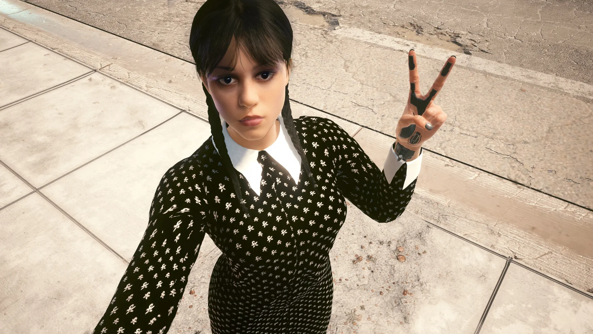 Jenna Ortega as Wednesday Addams finds herself in the world of Cyberpunk 2077