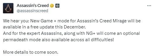 Assassin's Creed Mirage will feature a New Game+ mode and permanent death for the main character