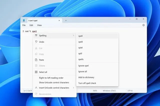 Notepad app on Windows 11 now comes with autocorrect and spell check