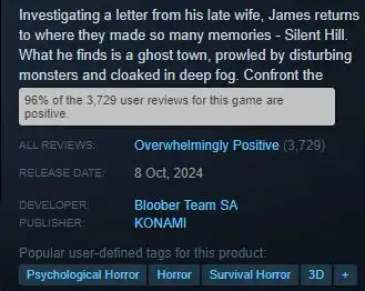 Gamers Give Steam Silent Hill 2 Remake Very Positive Reviews