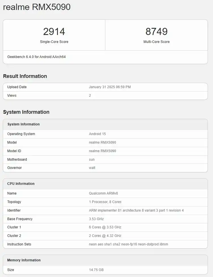 realme GT 7 specs leaked on Geekbench