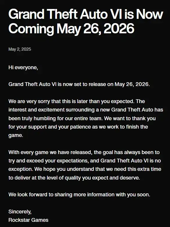 Rockstar Games Officially Postponed GTA 6 Release To Spring 2026